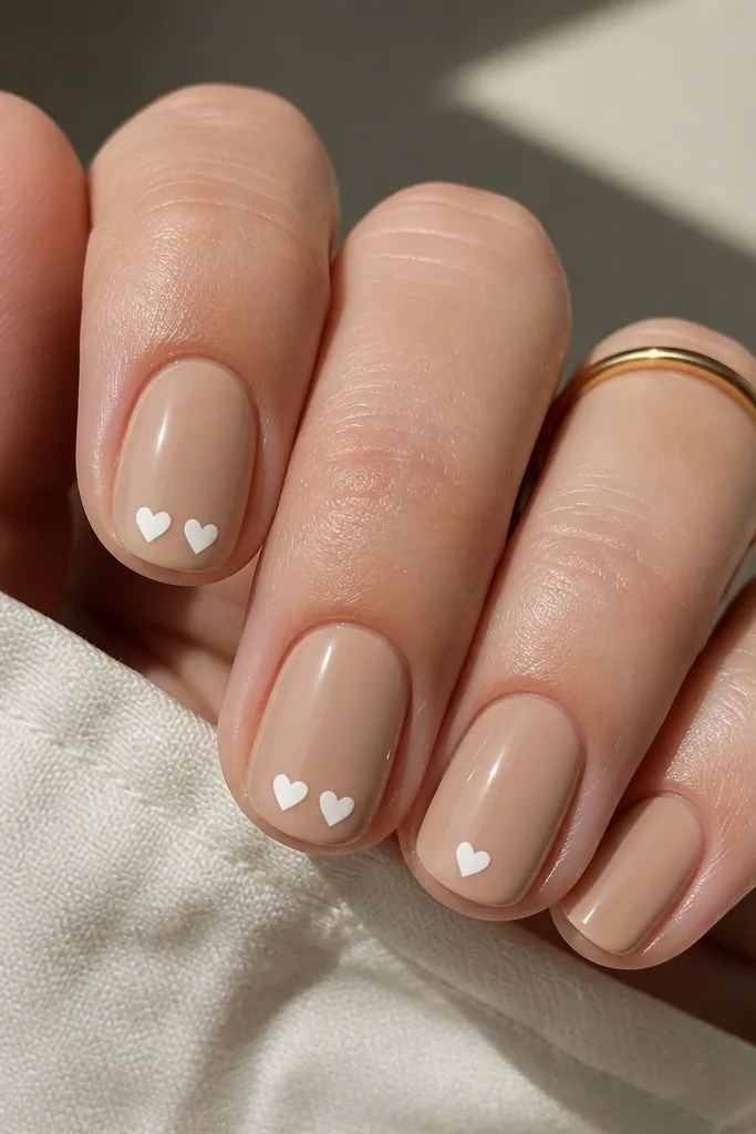 Short oval nails painted a creamy latte nude. Near each tip there are tiny off-white heart shapes, two on the index and middle fingers and one on the ring finger. The hearts look hand-drawn with crisp edges, and the nails have a glossy topcoat.