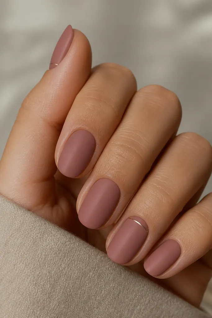 Short oval nails in a dusty rose shade with a matte finish. On the ring finger (and faintly on the thumb), there is a thin horizontal shimmer line just under the cuticle, like a metallic ribbon. The rest of the nails are fully matte with soft, diffused color.