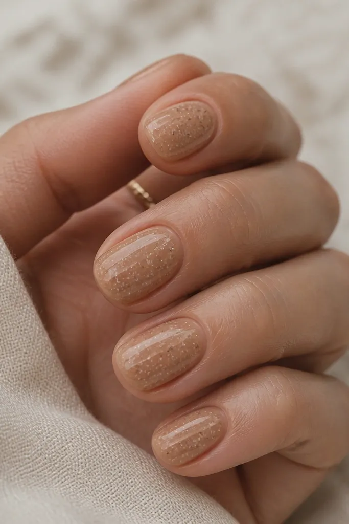 Short oval nails painted in caramel nude. Over the surface there are tiny stippled dots in slightly lighter beige and a few micro dots in warm gold. The nails are glossy, and the speckles look like sugar crystals scattered lightly.