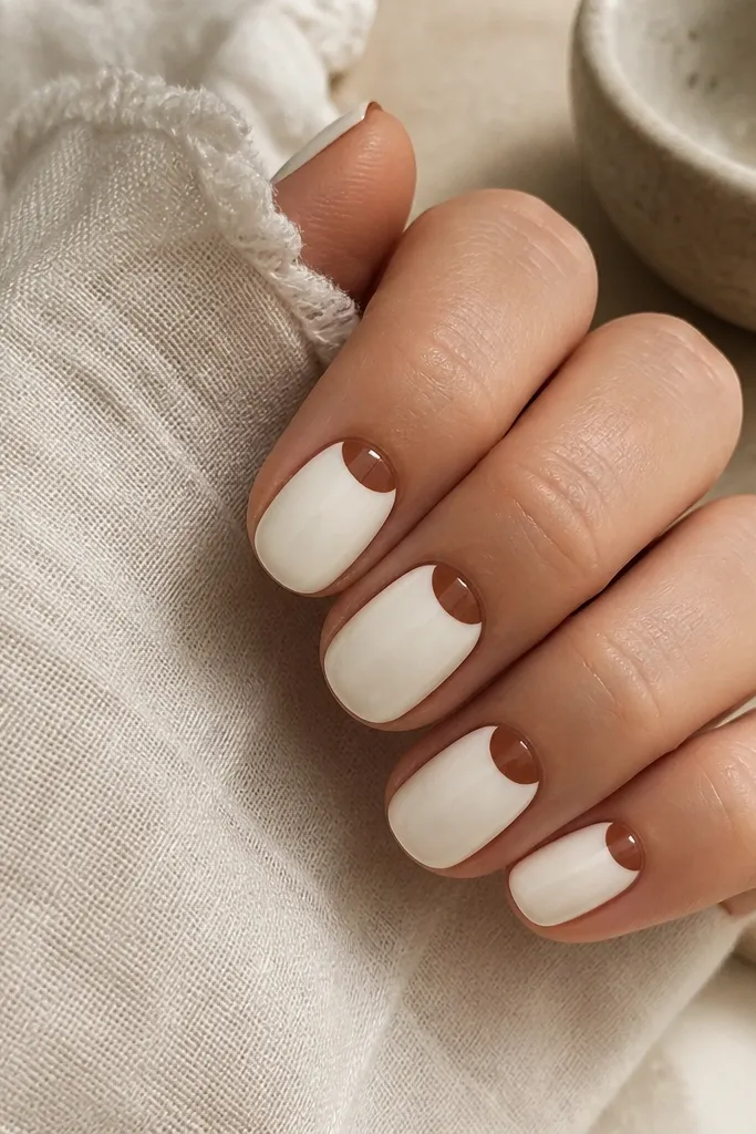 Short oval nails in creamy white. At the base of each nail there are half-moon shapes in toasted cinnamon brown, centered under the cuticle. The half-moons have clean edges and the nails are glossy.