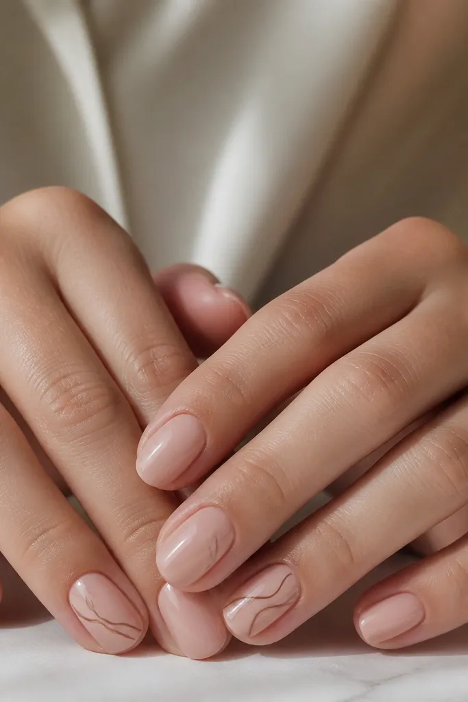 Short oval nails in nude pink with a glossy finish. Two nails per hand have thin mocha brown swirl lines starting near the center and curving toward the tips. The swirls are spaced apart, leaving plenty of bare nude for breathing room.