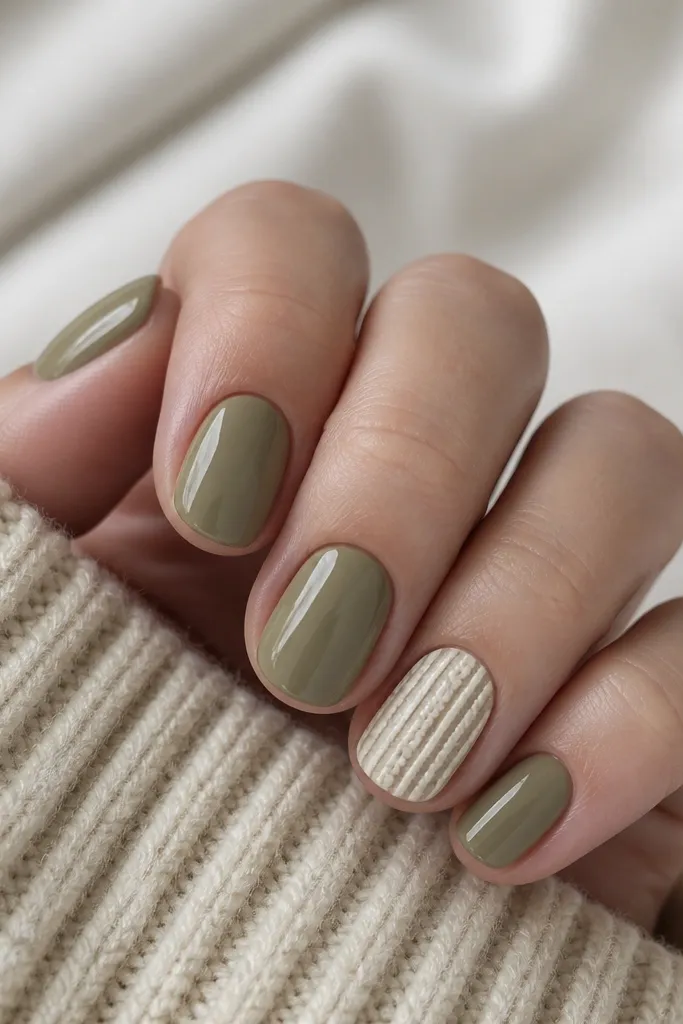 Short oval nails painted olive sage. On the ring finger there is a knit-like panel: vertical stripes with tiny raised-looking dots between them in cream and light beige. The rest of the nails are plain glossy olive sage.
