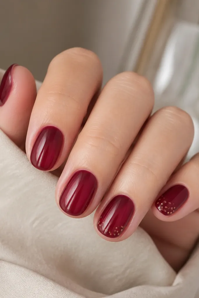 Short oval nails in a berry jam jelly polish. The color is semi-translucent with visible glow and depth. On the ring finger and pinky, there are tiny gold dots clustered near the tip. The nails look glossy and slightly dimensional like fruit jelly.
