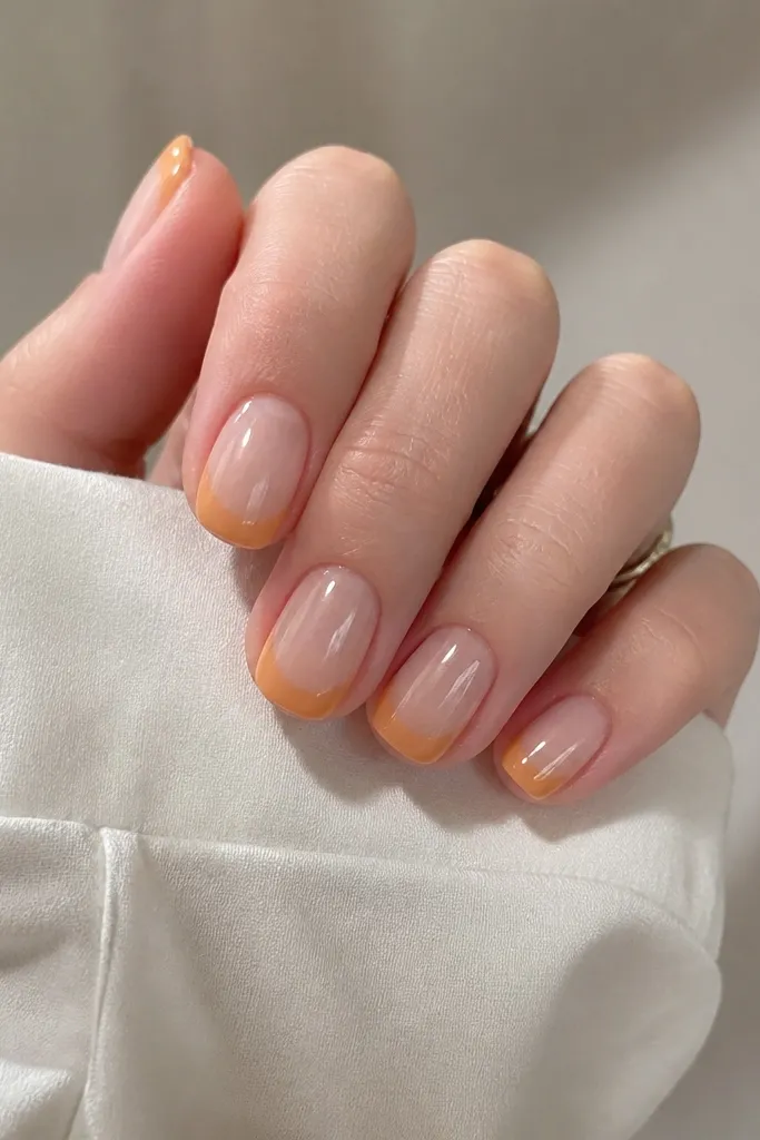 Short oval nails with a sheer nude base. The tips are painted butterscotch yellow-orange in a French style, but the edges are rounded and slightly blended, not sharp. Each nail has a neat curved tip line and a glossy finish.