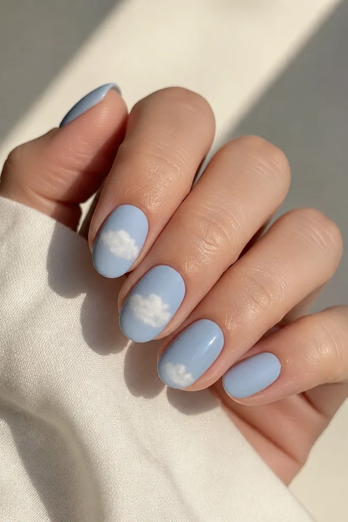Short oval nails in powder blue with a matte finish. On two nails there are soft white cloud shapes near the center, like watercolor clouds. One accent nail is glossy powder blue with a single tiny white cloud near the tip. The matte nails look velvety.