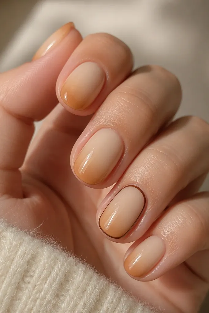 Short oval nails with a cream puff gradient: the base is warm creamy nude, fading into a slightly deeper caramel near the tip. On the accent nail there's a thin brown outline following the oval shape around the tip edge. The rest of the nails are plain gradient with glossy shine.