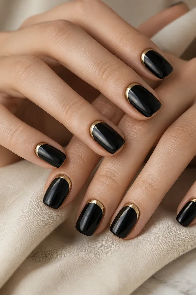 Hands with short squoval nails painted deep glossy black. At the cuticle line on each nail there is a thin gold crescent like a half-moon, centered and slightly curved, with crisp edges. No other decoration; the nails reflect light smoothly.