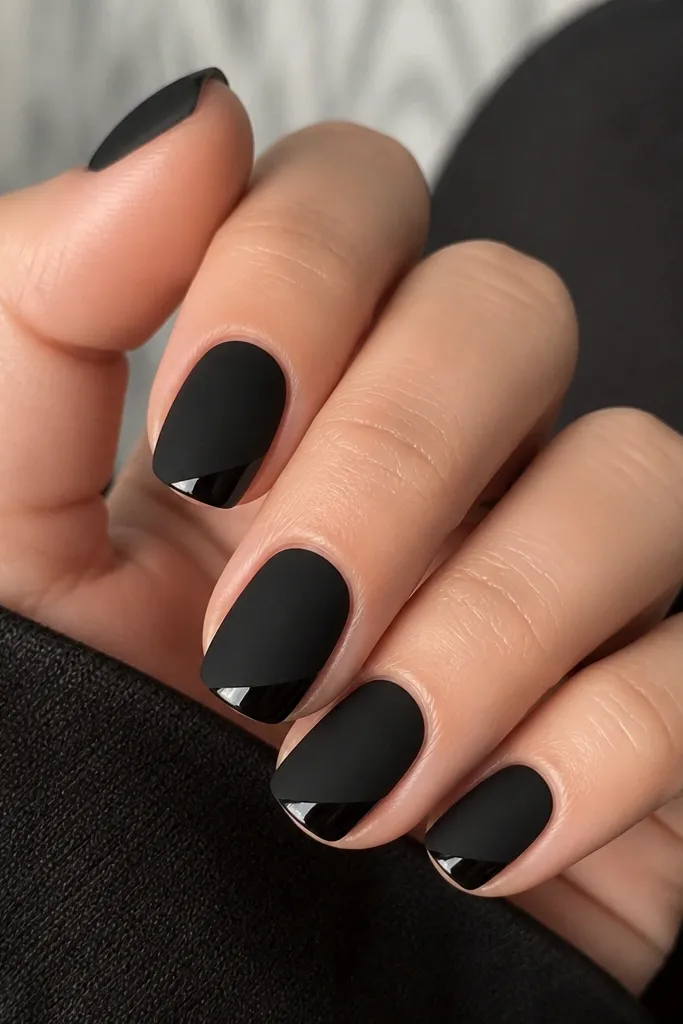 Short squoval nails in matte black. At the tip there is a diagonal split stripe: one small section is glossy black, separated from the matte area by a razor-clean line. The rest of the nail stays matte with a soft velvety look.