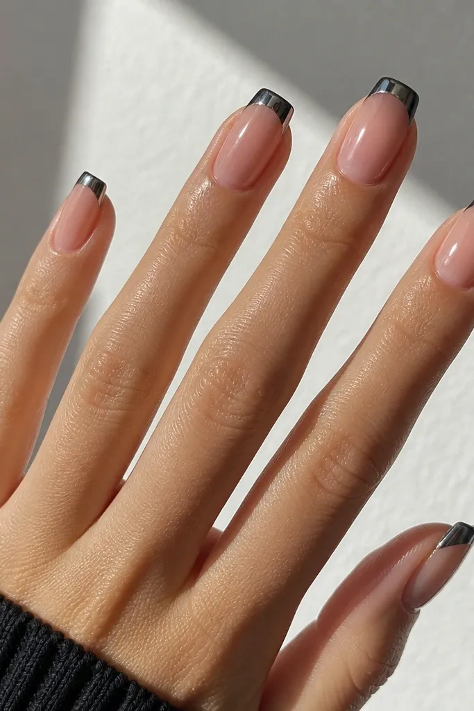 Nails with a clear or sheer nude base that looks hydrated and glossy. The tips are sharply defined in black chrome, mirror-like and reflective, forming a clean French-style edge. The line between base and chrome is crisp and straight.