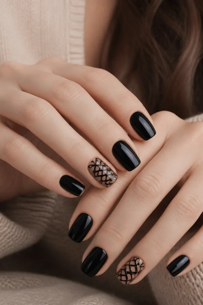 Mostly solid black nails with one accent nail per hand. On the accent nail, there is a lace-like pattern made from thin black striping tape forming small loops and X shapes near the center. The rest of the nails are glossy plain black.