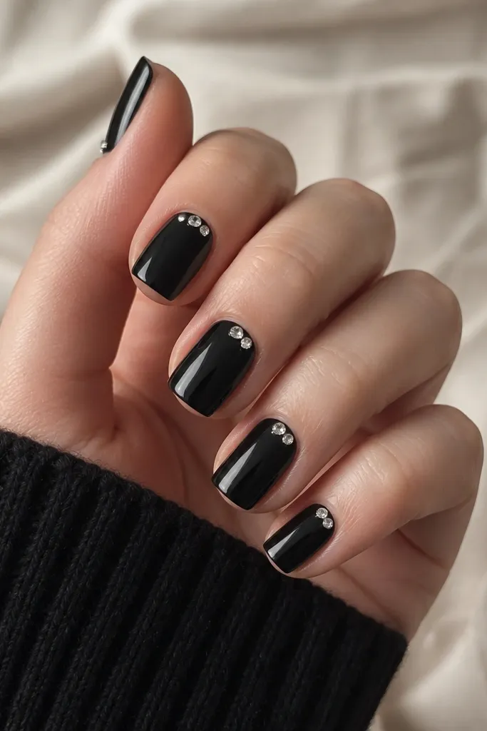 Short to medium nails painted glossy black. On each nail there is a single tiny crystal placed at the cuticle corner on one side, angled slightly toward the center. The crystals look like clear sparkles catching light, with no other decoration.