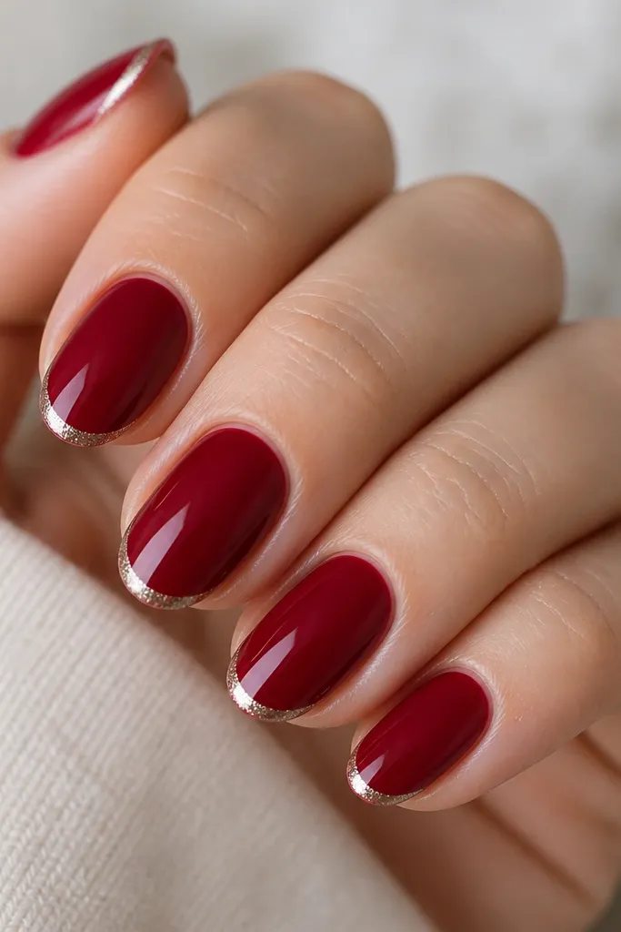 Close-up of short almond nails painted glossy cranberry red. The tips have a crisp French line with a thin arc of fine silver shimmer concentrated right at the edge. Cuticles are clean with a sharp red outline.