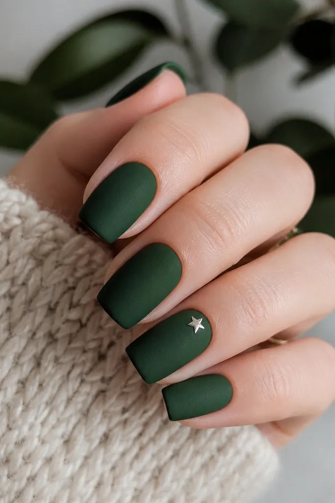 Medium squoval nails in deep forest green with a soft, velvety matte finish. Four nails are matte green; one accent nail has a tiny five-point star in silver foil near the cuticle area.