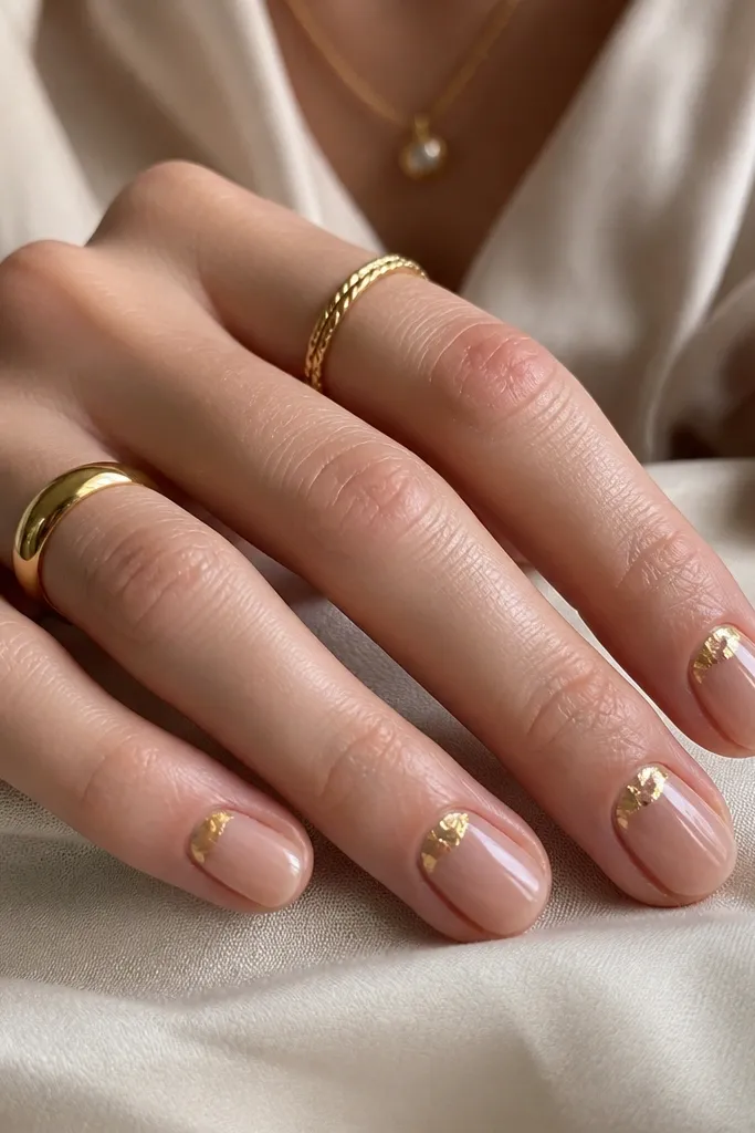 Short rounded nails in a sheer champagne nude. At the cuticle area, each nail has a gold foil half-moon shape that curves along the base. Nails are glossy and look clean and hydrated.