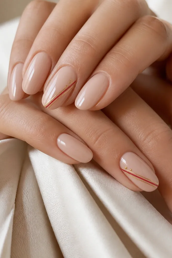 Nails in a glossy nude base. On two accent nails, there's a diagonal stripe running from lower side to upper tip. The stripe is a thin red line with a gold line beside it, plus tiny dot accents near the center.