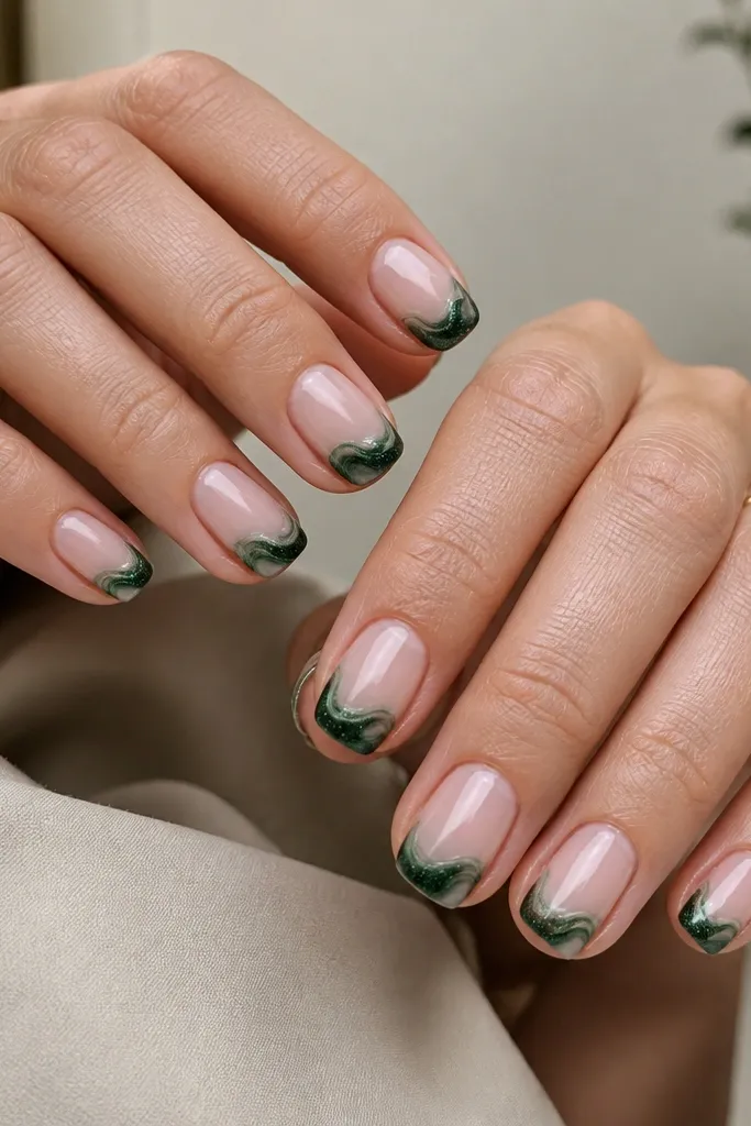 Short squoval nails painted a sheer nude base. The tips have a swirl pattern in evergreen green, with fine micro glitter layered over the swirl area. The rest of the nail stays mostly clear and clean.