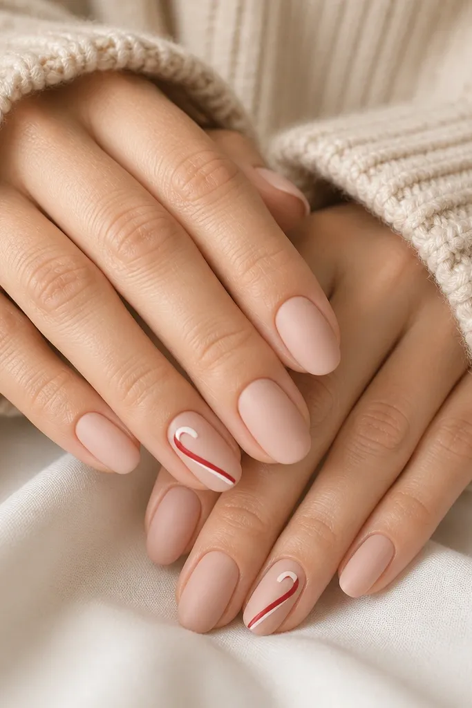 All nails are matte nude. On one nail per hand, there's a single candy cane stripe: a diagonal red stroke with a thinner white stripe beside it, plus a tiny curved hook shape at the tip. The accent nail stands out without extra decoration.