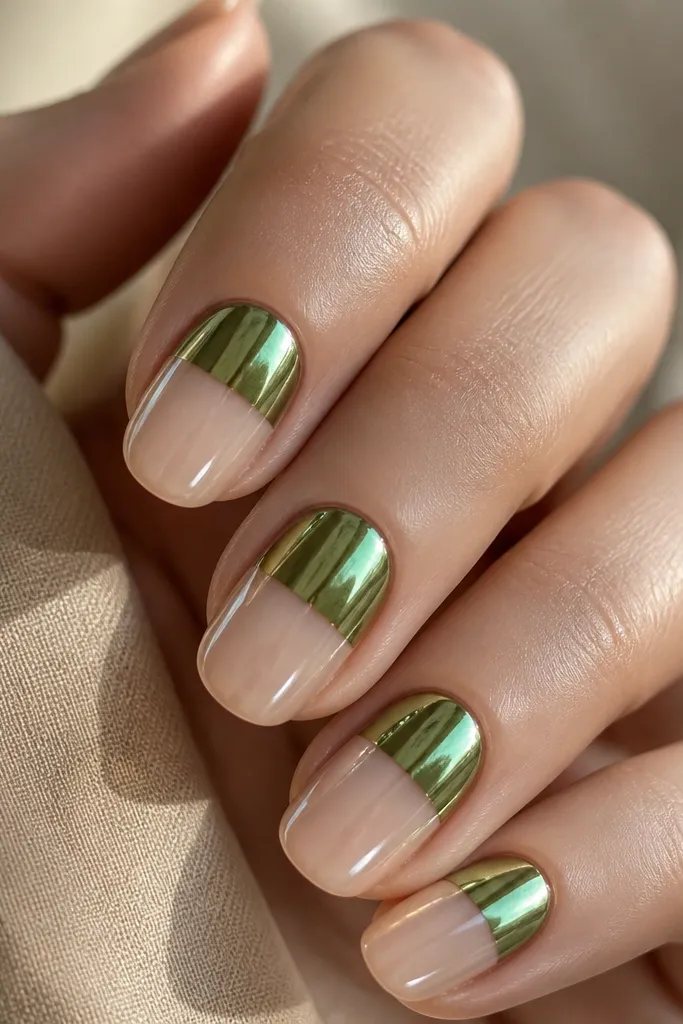 Clear nails with a glossy base. Half the nail tip area has a green chrome glaze that looks mirror-like, separated by a clean horizontal line. The chrome is concentrated on the top half of the nail tip, leaving the lower half transparent.