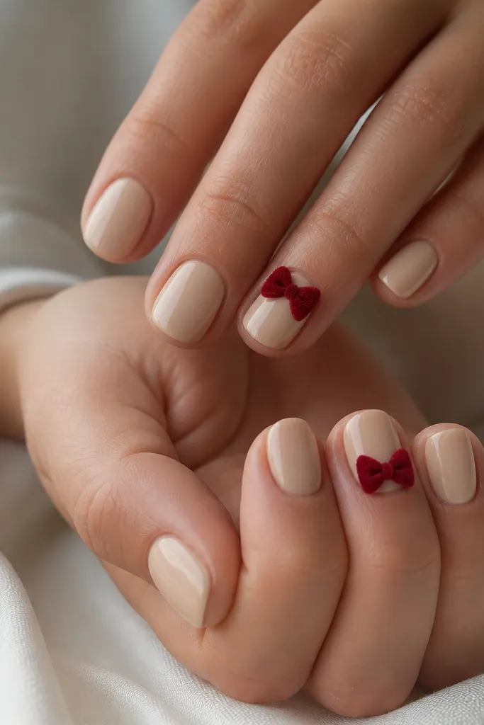 Short rounded nails in a soft beige creamy nude. One accent nail on each hand has a small red velvet bow near the cuticle, with two loops and a tiny center knot. Everything else stays plain and glossy.