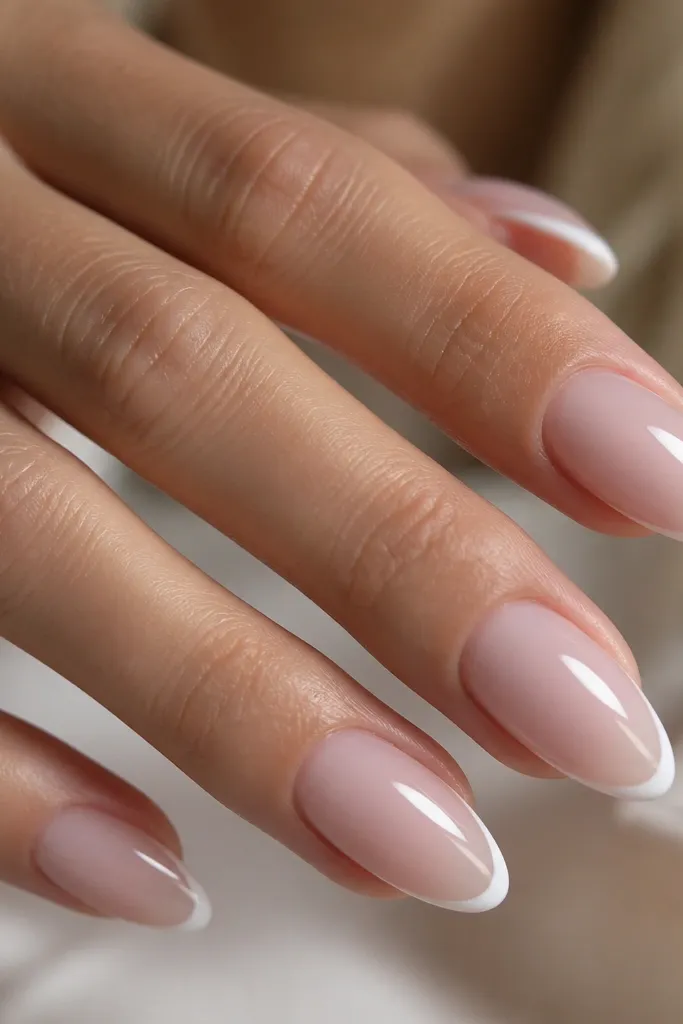 Close-up of almond nails with a sheer milky rose base. The tips have a super-thin white French line, slightly curved, with a glossy top coat that reflects light like glass.