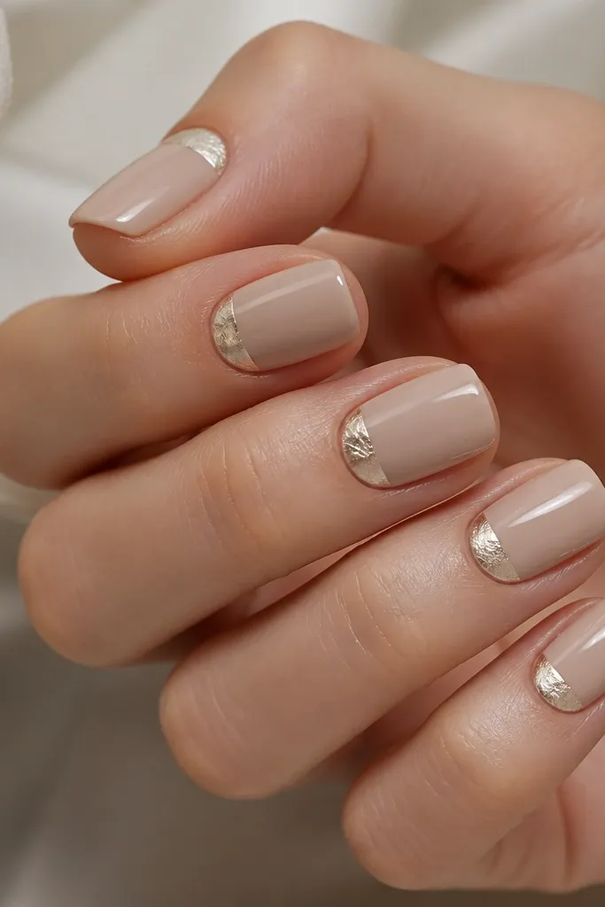 Squoval nails with a nude beige base. A clean half-moon shape sits near the cuticle in champagne foil, with a crisp boundary and a high-shine finish.