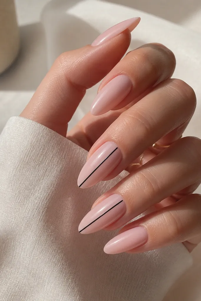 Long almond nails with a sheer blush-pink base. A single slim vertical black stripe runs down the center on two accent nails, while the rest are plain glossy blush.