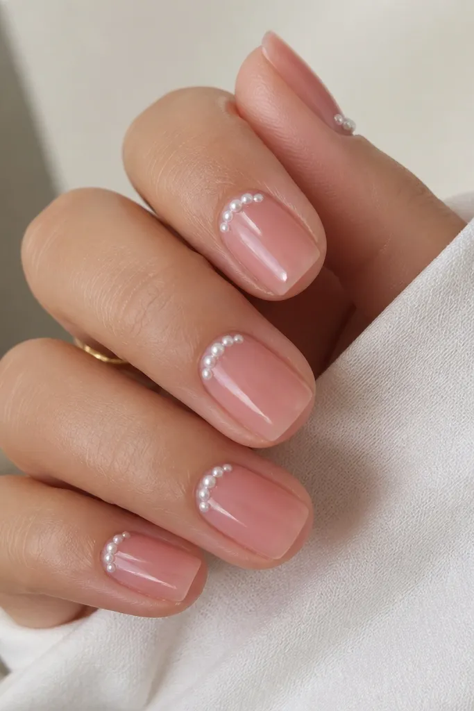 Rounded square nails with a clear jelly pink base. Near the cuticle on each nail are tiny pearl dots arranged in a subtle arc, with glossy shine over everything.