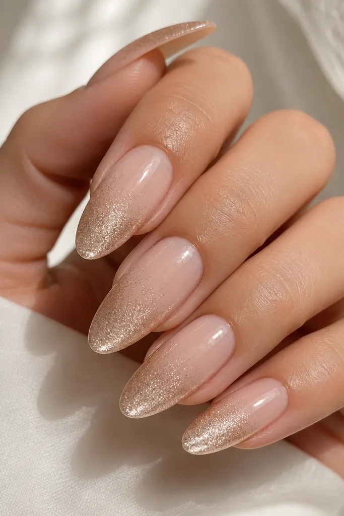 Almond nails with a nude base that fades into champagne shimmer at the tips. The shimmer is strongest at the edge and softens toward mid-nail, all under a glossy top coat.