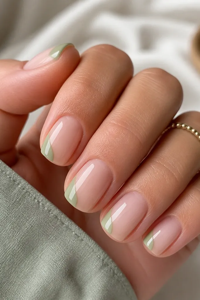 Short squoval nails with a sheer nude base. One side of the nail has a soft sage curved accent, leaving clean negative space on the rest, with glossy top coat.