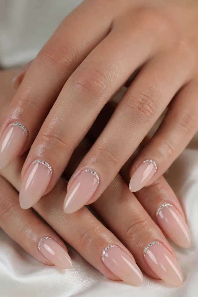 Almond nails with a sheer nude base. A thin line of clear micro crystals runs horizontally just above the cuticle on each nail, with a bright glossy finish.