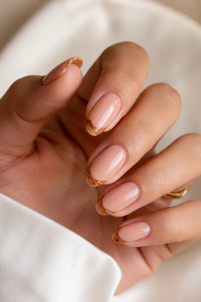 Oval nails with a warm nude base. The tips have tiny toffee-brown swirl marks, like miniature curls, and the rest of the nail is smooth and glossy.