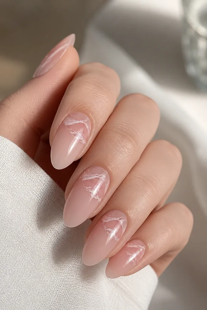 Almond nails with a sheer blush base. Only the upper half has a soft rose quartz marble effect with thin white and pale pink lines, while the lower half stays plain and glossy.