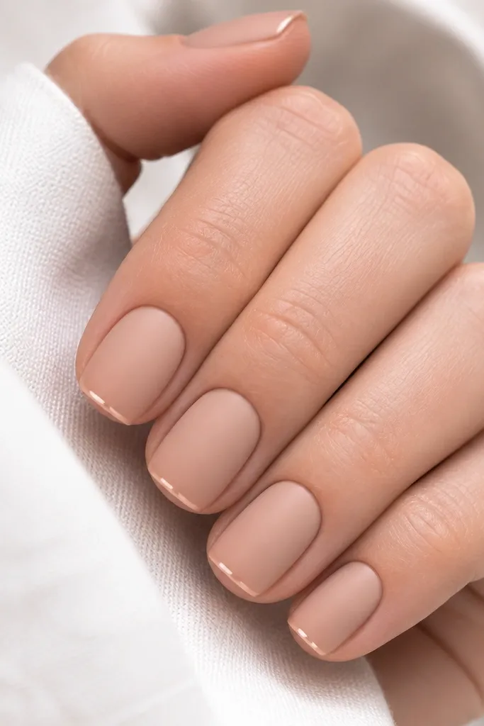 Short squoval nails in a soft nude matte finish. A thin glossy strip runs along the very tip edge like a micro French, creating a contrast between matte and shine.