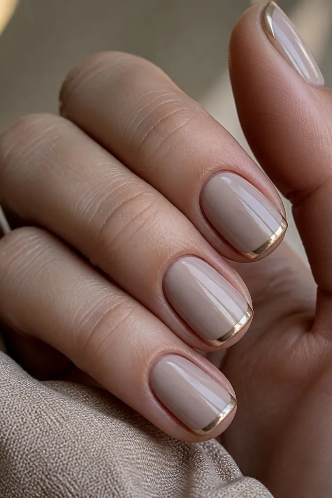 Close-up of short, rounded squoval nails painted milky taupe. Each nail has a crisp French tip line about 1 mm wide in a warm latte-gold chrome. The nude base is semi-opaque and glossy, and cuticles are neat with a clean edge.