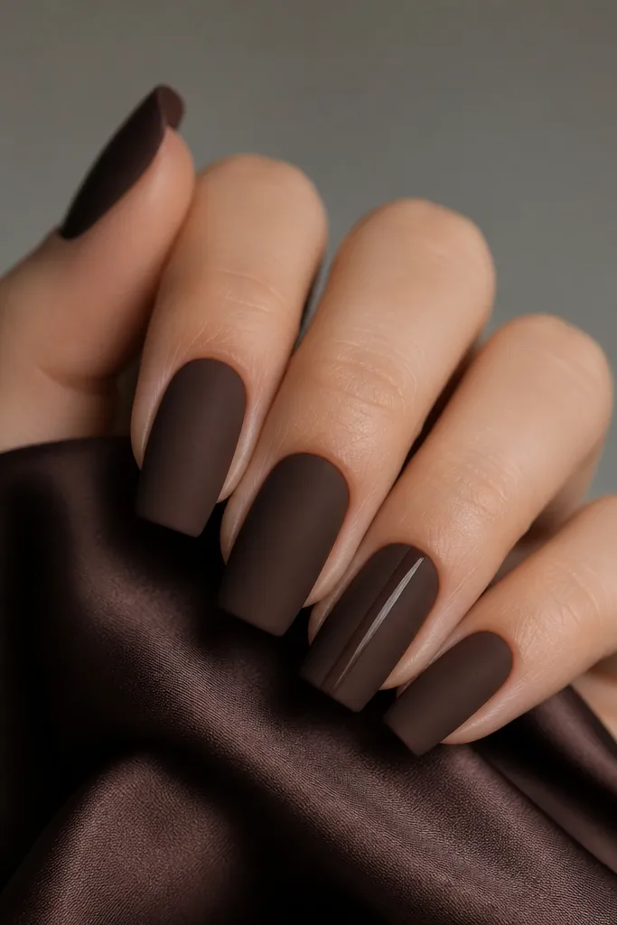 Long squoval nails painted a deep cocoa brown matte. On one accent nail, there is a single glossy vertical stripe centered from near the cuticle to the tip, like satin ribbon. The rest of the nails are fully matte with tidy cuticle lines.