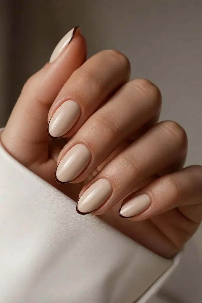 Short almond nails in a creamy vanilla nude, glossy finish. Each nail has a thin espresso-brown outline along the outer edge near the tip, like a delicate border. The line is crisp and consistent, with a clean negative space at the center.