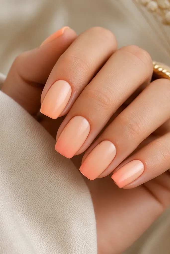 Medium squoval nails with a satin peach glaze base. The tips fade into a slightly deeper peach ombré, with a smooth gradient that is strongest at the very ends. The finish looks like satin fabric, not mirror chrome.