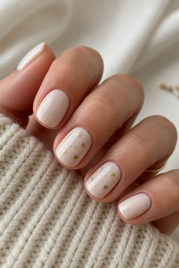 Short rounded nails painted ivory glossy. Two accent nails have tiny gold star dots scattered near the center and slightly toward the cuticle, with small spacing between each star. The other nails are plain ivory and shine smoothly.