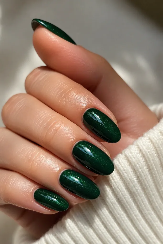 Medium almond nails painted deep emerald glossy. Under the light, tiny micro-flecks shimmer like fine glitter but the base stays mostly solid. The surface looks like a clear jelly layer on top, giving depth and a smooth dome.