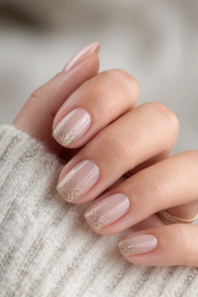 Nails in a champagne nude glossy base. At the tips, there is a soft fade into fine glitter that covers only the last third of each nail. The glitter is denser at the very tip and fades upward, with no harsh line.