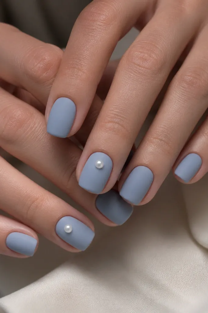 Short squoval nails in a powder blue gray matte finish. On each ring finger nail, there is a single pearl dot placed near the center of the nail, slightly above mid-point. The pearl has a soft sheen and the rest of the nails are plain matte.