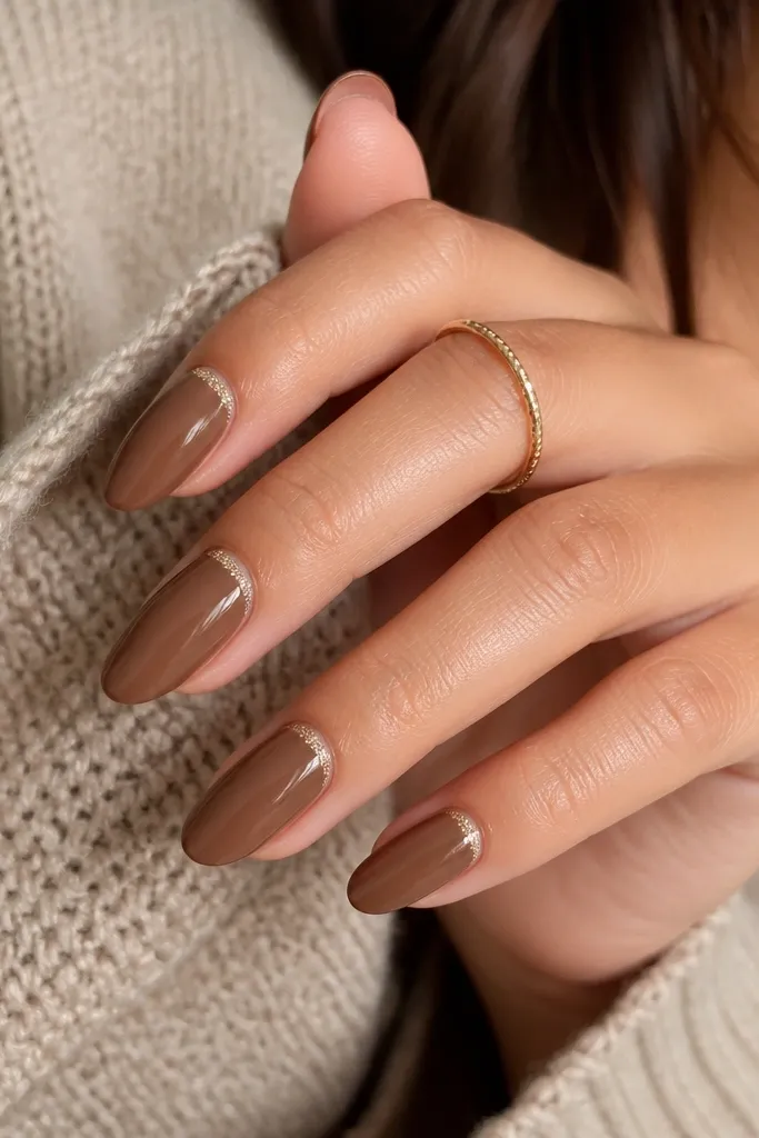 Medium almond nails painted toffee brown glossy. At the cuticle on each nail, there is a tiny halo made of micro glitter - a thin ring following the curve of the cuticle line. The rest of the nail stays solid brown with a smooth high-shine top coat.