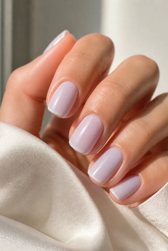 Short squoval nails painted in a sheer milky lilac base, with a very thin white-lilac micro-French line at the tips. The nails have a high-gloss, mirror shine and no other decoration.