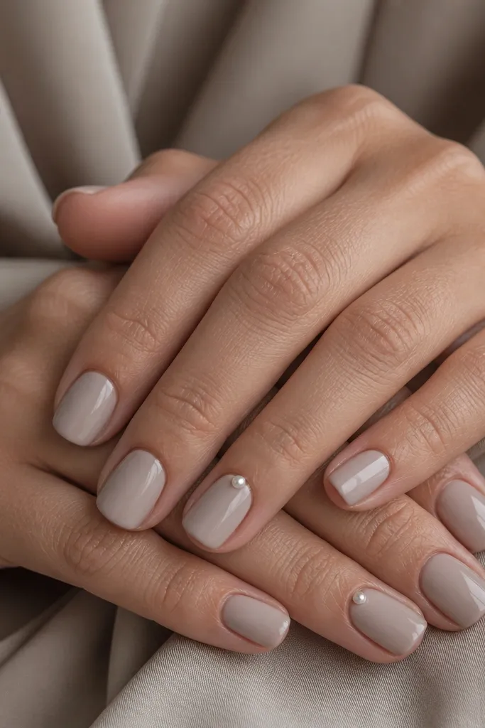 Short squoval nails painted in a warm taupe cream. On each ring finger, there is one small pearl dot sitting right at the cuticle line, like a single bead of light.