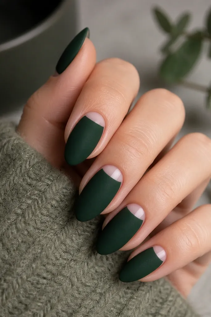 Medium almond nails painted in a deep forest green velvet-matte finish. The cuticle area has a clean half-moon of natural nail showing, with the matte stopping in a neat curved line.