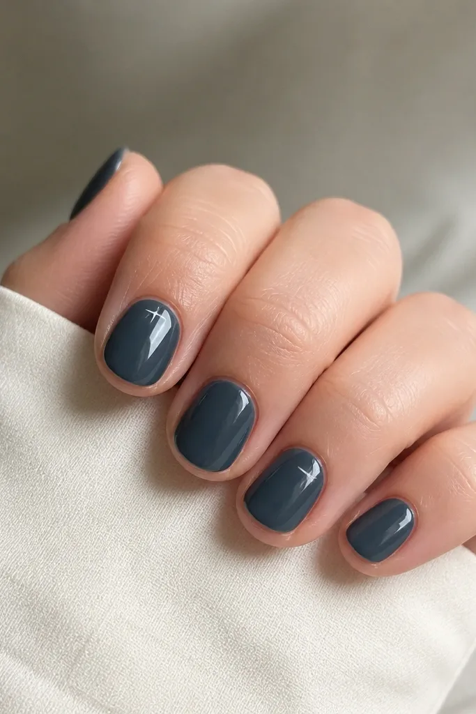 Short round nails in a soft blackened blue (almost slate). On the ring finger only, there is a tiny three-point star drawn in pale silver near the center-top of the nail. Everything is glossy.