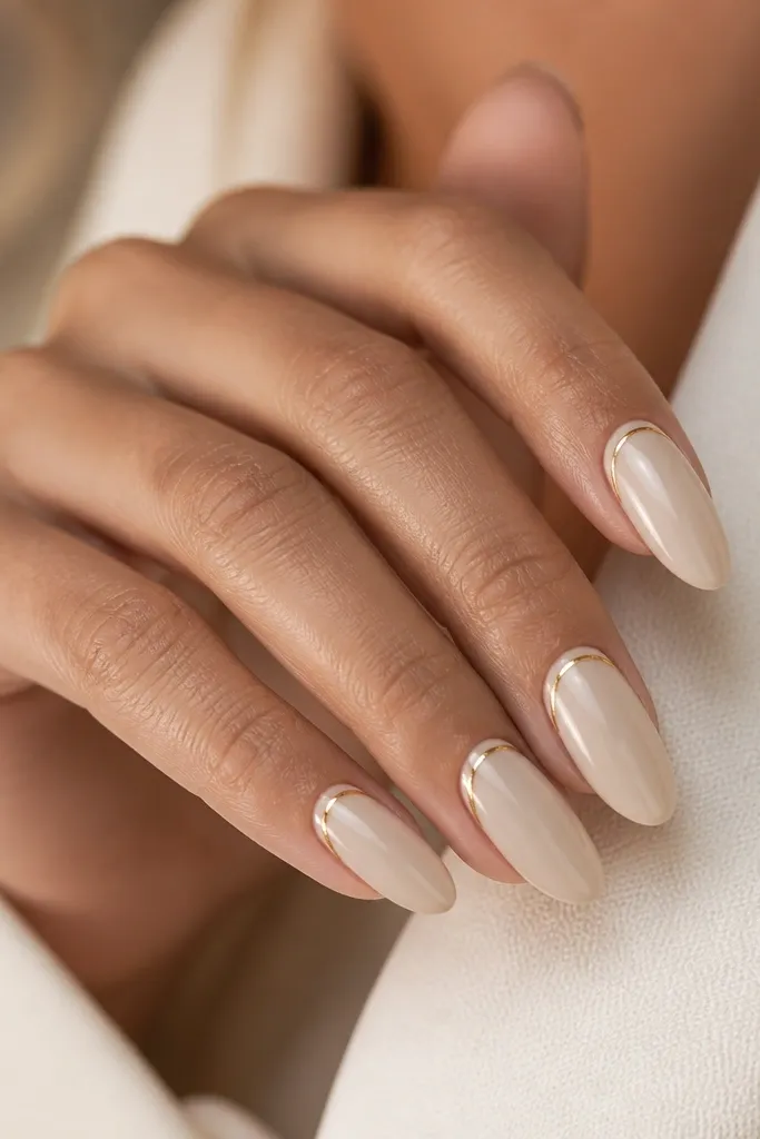 Long almond nails painted in a champagne nude cream. On each nail, there is a thin gold outline forming a rounded ring shape just above the cuticle area, like a halo.