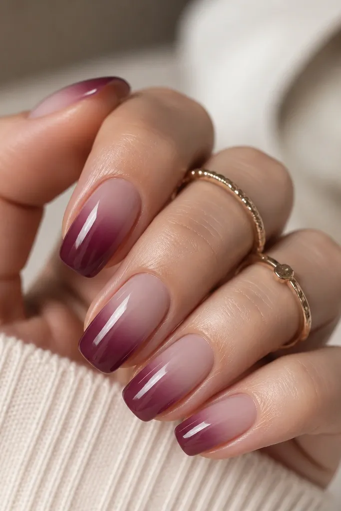 Medium squoval nails with an ombre that starts clear near the cuticle and fades into a berry-brown at the tips. The nails are glossy, and the gradient is smooth with no harsh line.