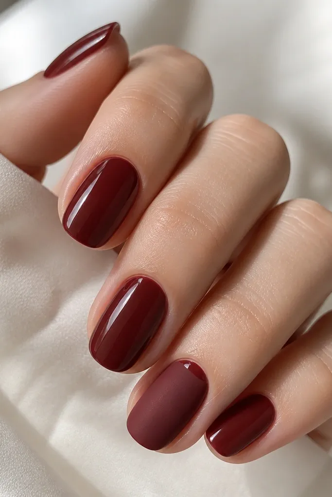 All nails painted in rosewood red cream glossy finish except the ring finger, which is matte. The matte ring finger has a tiny glossy highlight around the cuticle in a thin crescent.
