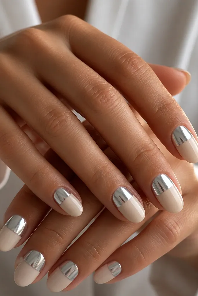 Half-and-half nails: the bottom half is nude beige cream, and the top half is glazed silver chrome with a smooth curved boundary at mid-nail. Nails are mirror shiny and neatly shaped.